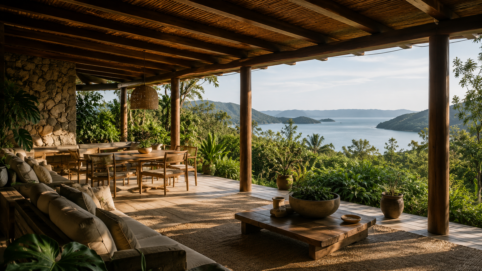 Varanda de hospedagem integrada à Mata Atlântica com vista para o mar na Costa Verde